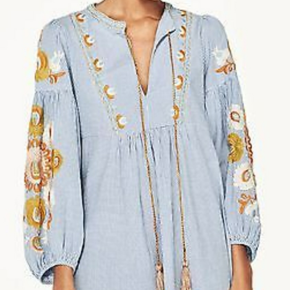 Zara light blue checked embroidered mini dress, XS
